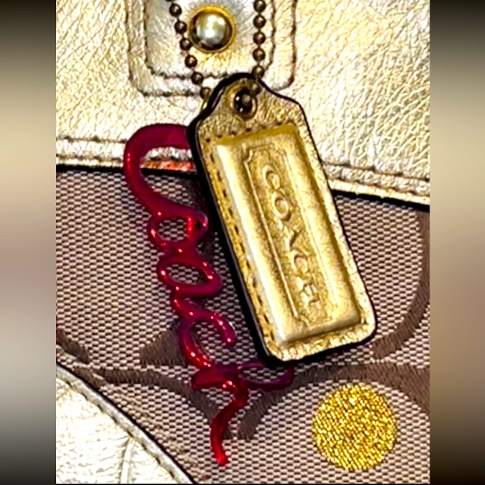 Coach Signature Laura “Secret Admirer” Gold & Brown Lrg Tote Bag w/ Charm & Tag - Picture 4 of 10